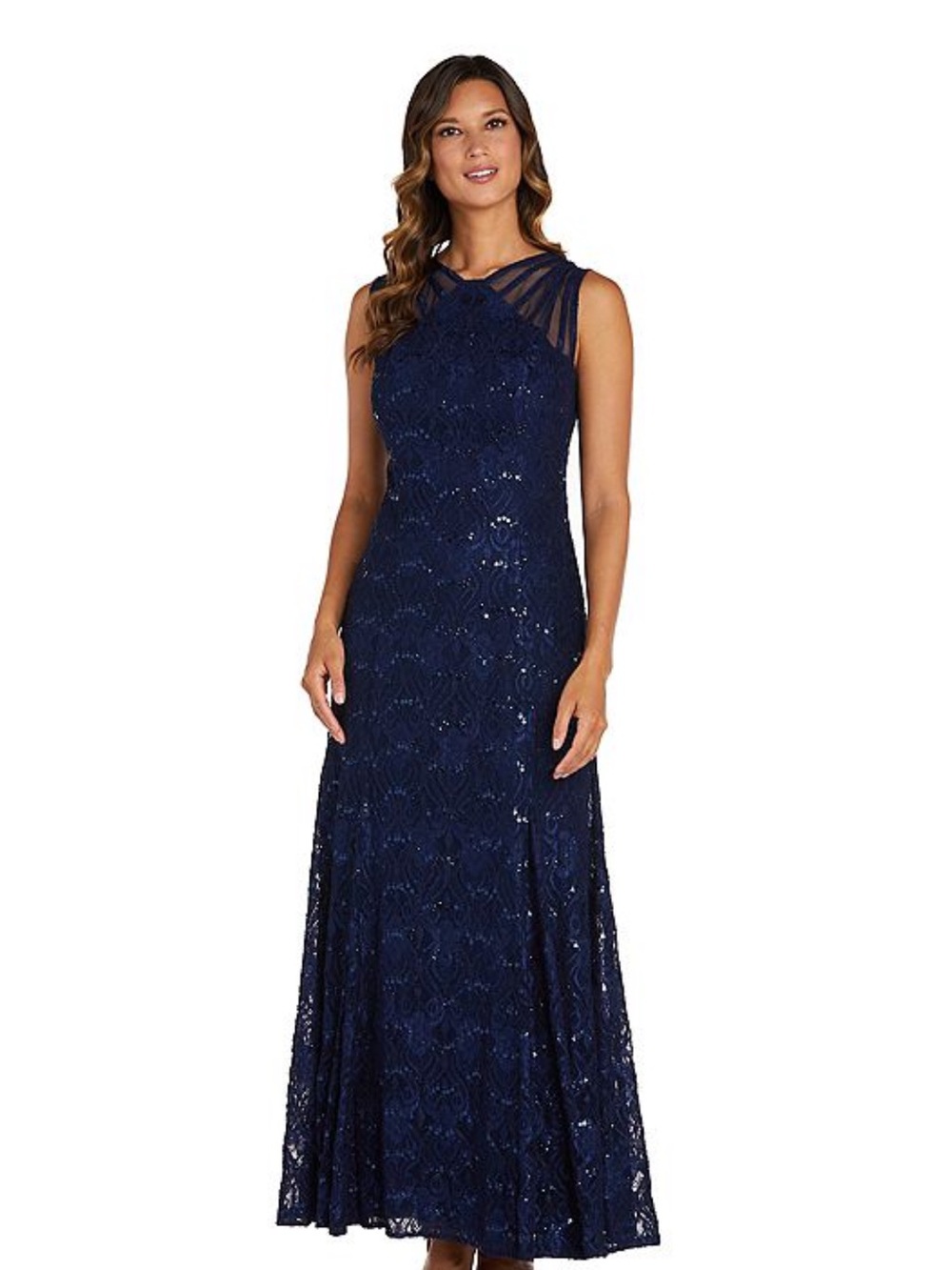 R&M Richards Navy Lace Sleeveless Maxi Gown